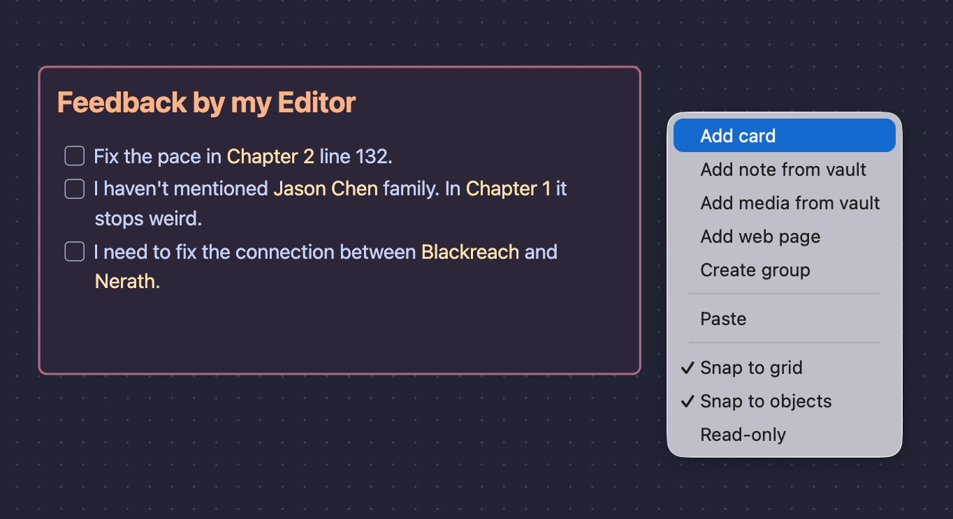 Creating a new card in Canvas (Obsidian)