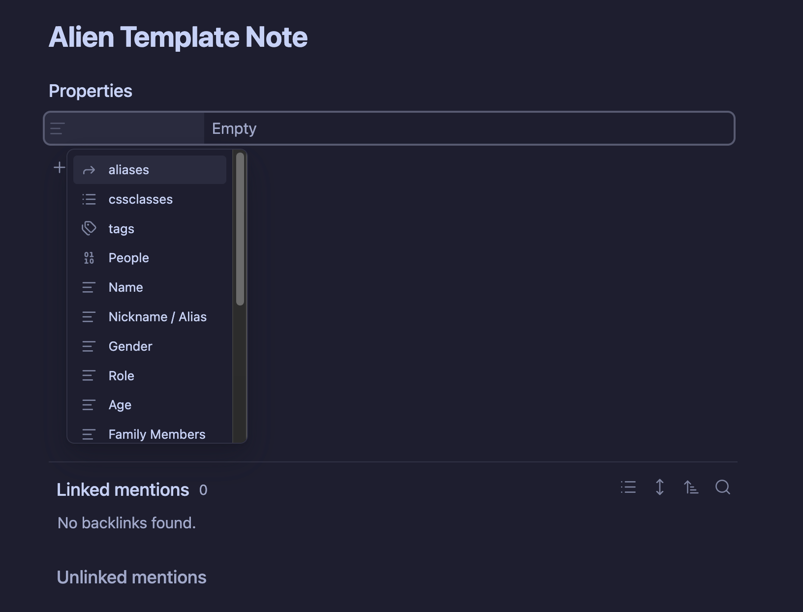 Properties in Obsidian