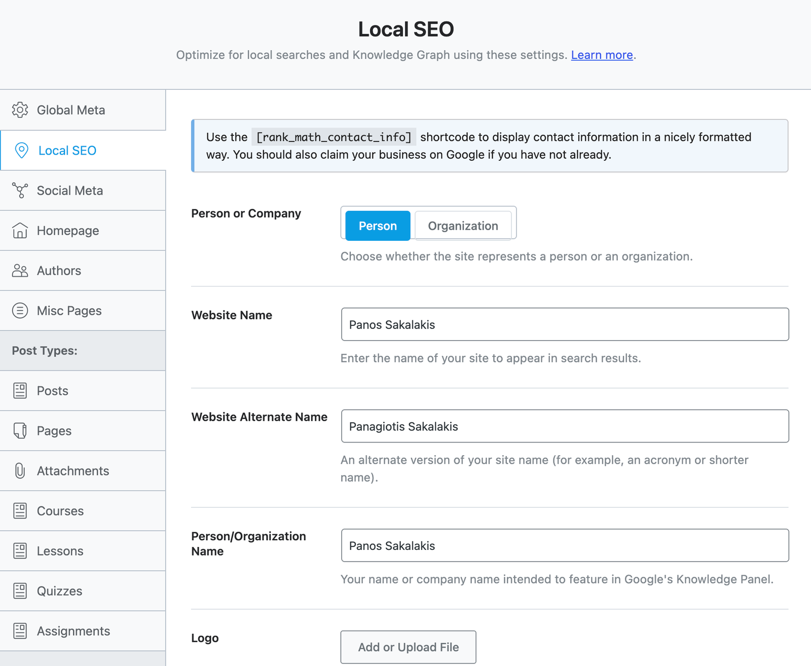 Rank Math SEO - Local SEO Settings