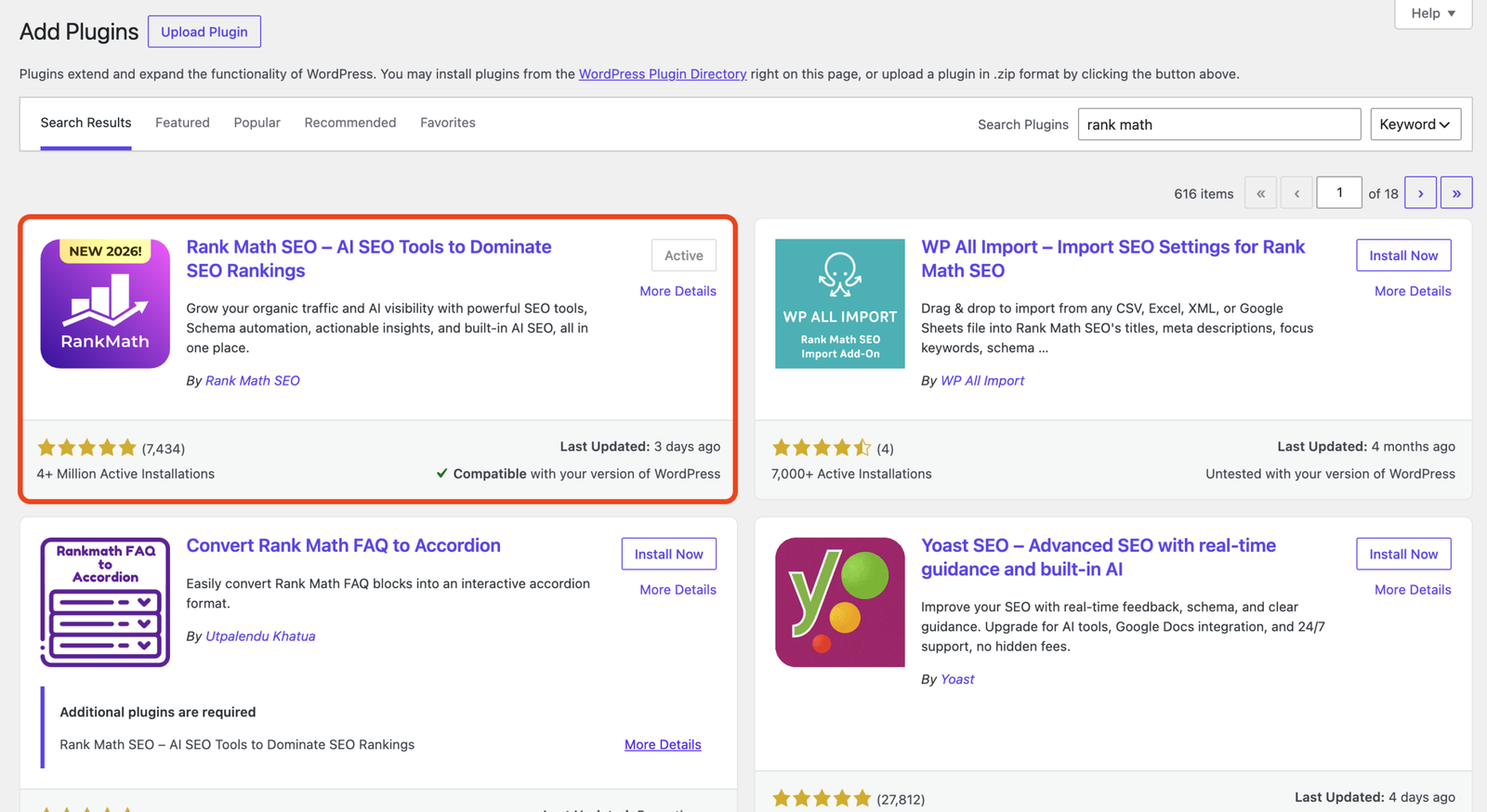 Rank Math SEO Plugin in WordPress Plugins Library
